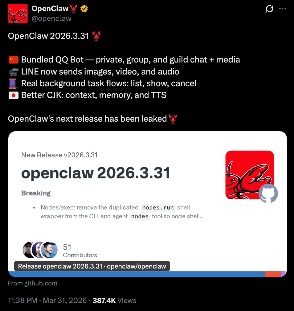OpenClaw v3.31 release