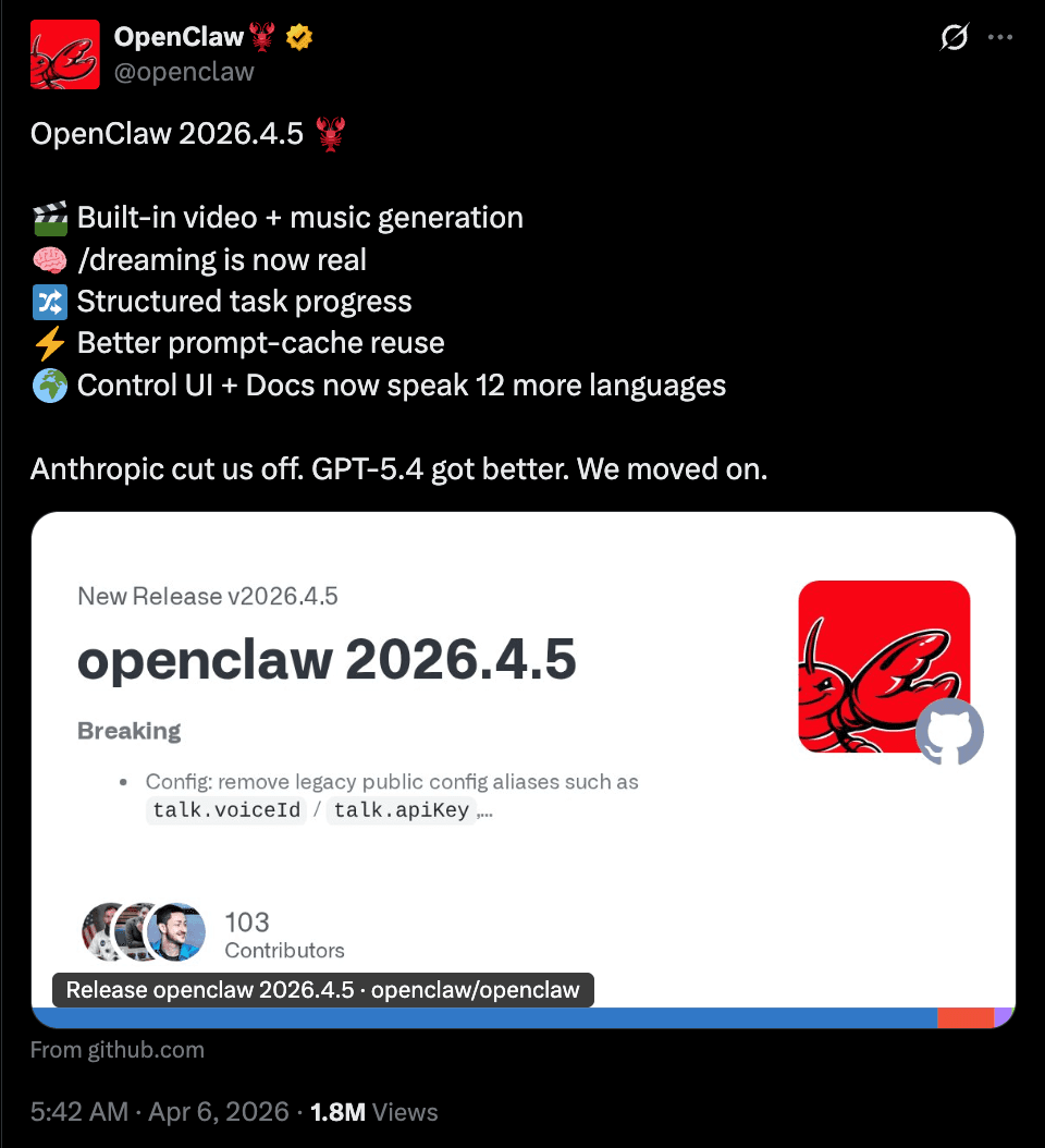 OpenClaw v4.5 release