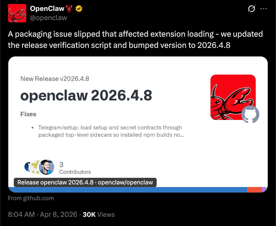 OpenClaw v4.8 release