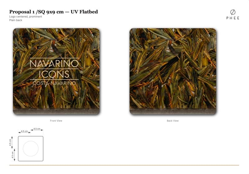 Navarino Icons coaster proposal, front and back view with dimensions